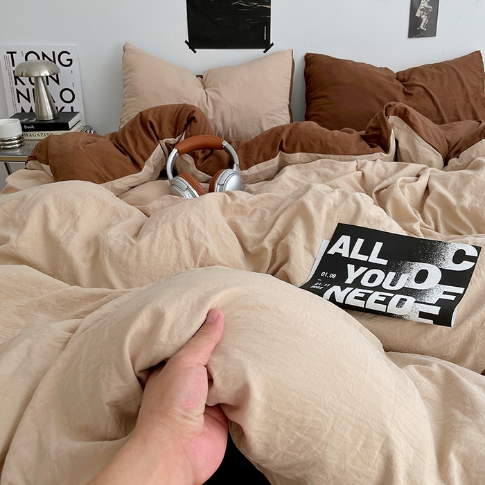 91家纺网 家纺一手货源 找家纺 卡斯诺家纺馆 2026新款水洗棉纯色双拼四件套（下载文件包含买家秀） 卡其深咖