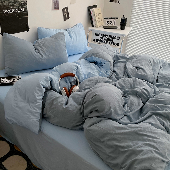 91家纺网 家纺一手货源 找家纺 卡斯诺家纺馆 2026新款水洗棉纯色双拼四件套（下载文件包含买家秀） 雾蓝天蓝