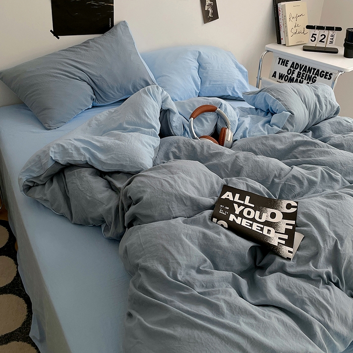 91家纺网 家纺一手货源 找家纺 卡斯诺家纺馆 2026新款水洗棉纯色双拼四件套（下载文件包含买家秀） 雾蓝天蓝