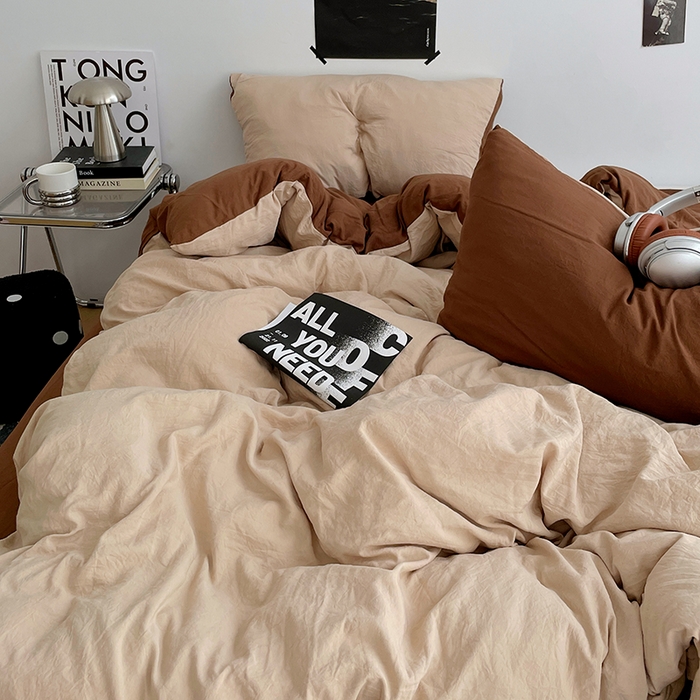 91家纺网 家纺一手货源 找家纺 卡斯诺家纺馆 2026新款水洗棉纯色双拼四件套（下载文件包含买家秀） 卡其深咖