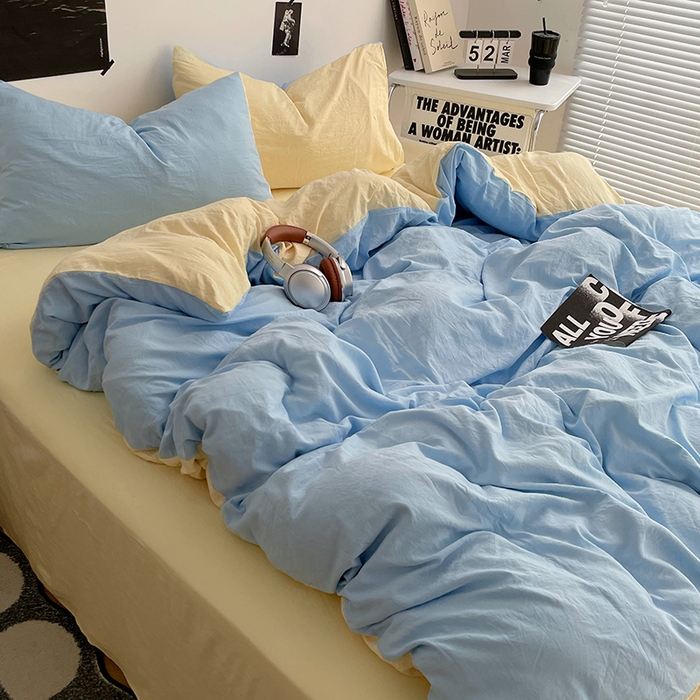 91家纺网 家纺一手货源 找家纺 卡斯诺家纺馆 2026新款水洗棉纯色双拼四件套（下载文件包含买家秀） 天蓝奶黄