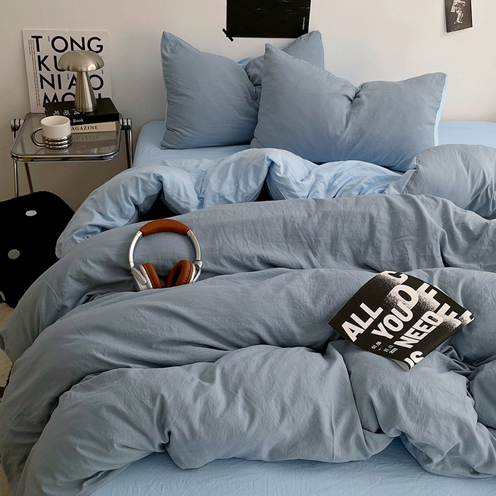 91家纺网 家纺一手货源 找家纺 卡斯诺家纺馆 2026新款水洗棉纯色双拼四件套（下载文件包含买家秀） 雾蓝天蓝