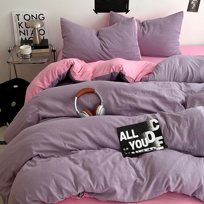91家纺网 家纺一手货源 找家纺 卡斯诺家纺馆 2026新款水洗棉纯色双拼四件套（下载文件包含买家秀） 魅紫浅粉