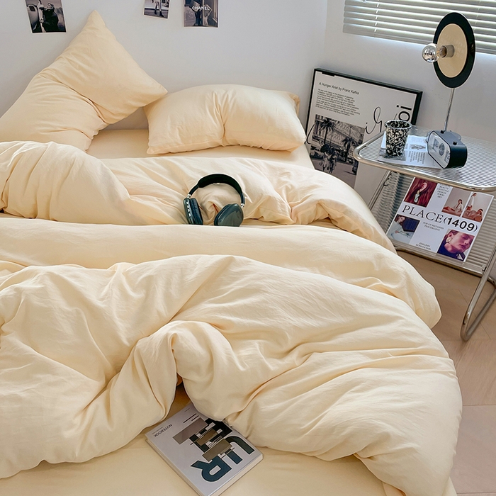 91家纺网 家纺一手货源 找家纺 卡斯诺家纺馆 2026新款水洗棉纯色双拼四件套（下载文件包含买家秀） 纯奶黄