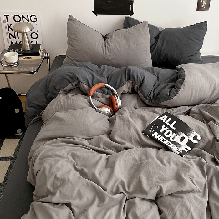 91家纺网 家纺一手货源 找家纺 卡斯诺家纺馆 2026新款水洗棉纯色双拼四件套（下载文件包含买家秀） 浅灰深灰