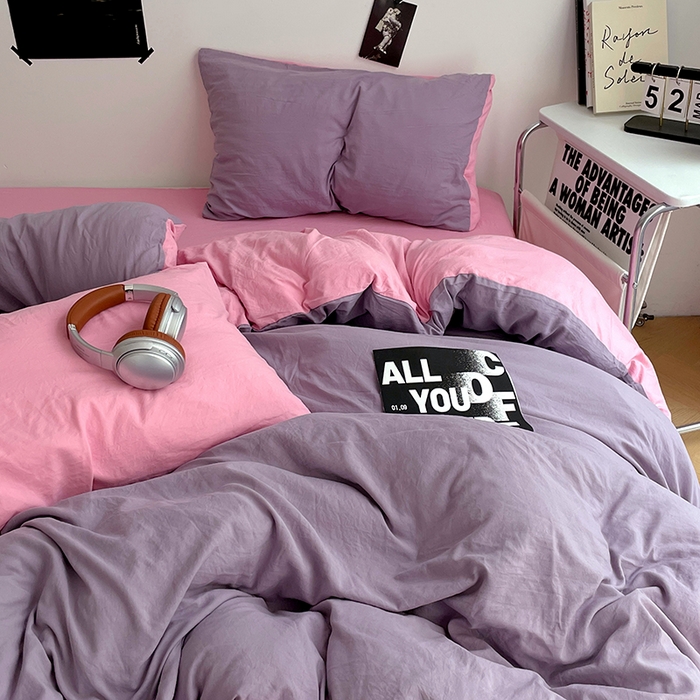 91家纺网 家纺一手货源 找家纺 卡斯诺家纺馆 2026新款水洗棉纯色双拼四件套（下载文件包含买家秀） 魅紫浅粉