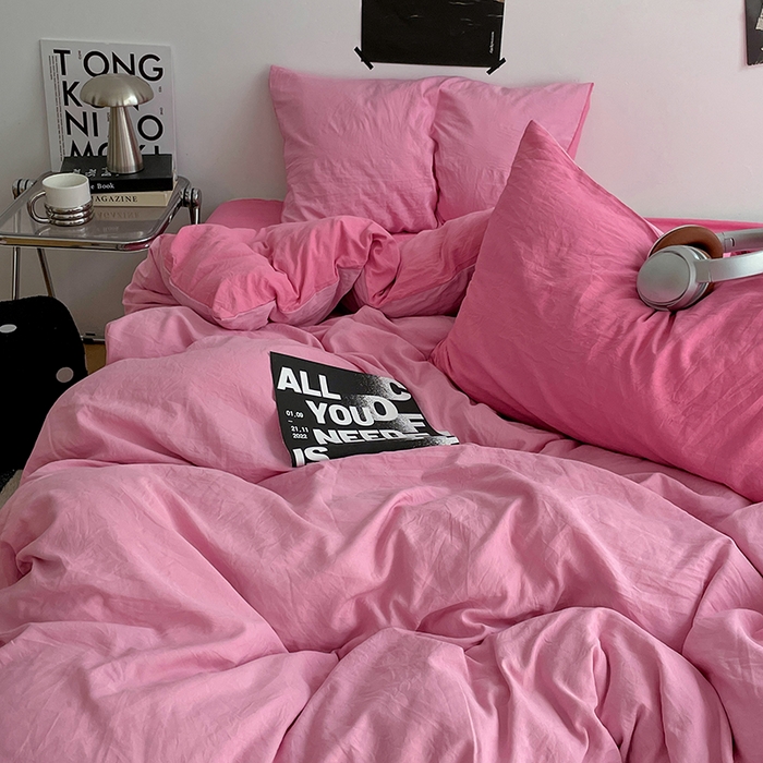 91家纺网 家纺一手货源 找家纺 卡斯诺家纺馆 2026新款水洗棉纯色双拼四件套（下载文件包含买家秀） 浅粉玫红