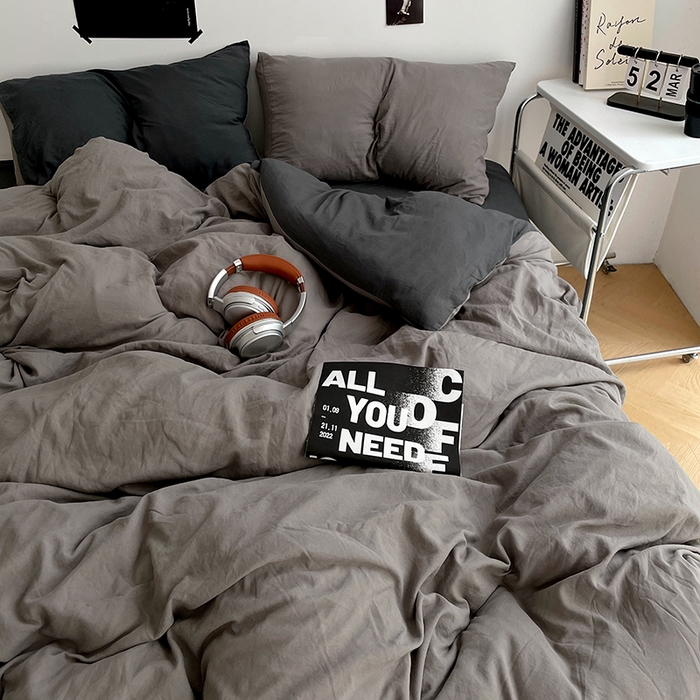 91家纺网 家纺一手货源 找家纺 卡斯诺家纺馆 2026新款水洗棉纯色双拼四件套（下载文件包含买家秀） 浅灰深灰