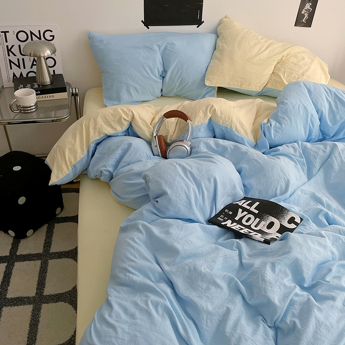 91家纺网 家纺一手货源 找家纺 卡斯诺家纺馆 2026新款水洗棉纯色双拼四件套（下载文件包含买家秀） 天蓝奶黄