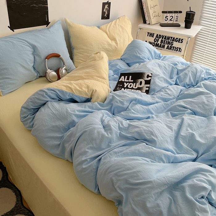 91家纺网 家纺一手货源 找家纺 卡斯诺家纺馆 2026新款水洗棉纯色双拼四件套（下载文件包含买家秀） 天蓝奶黄