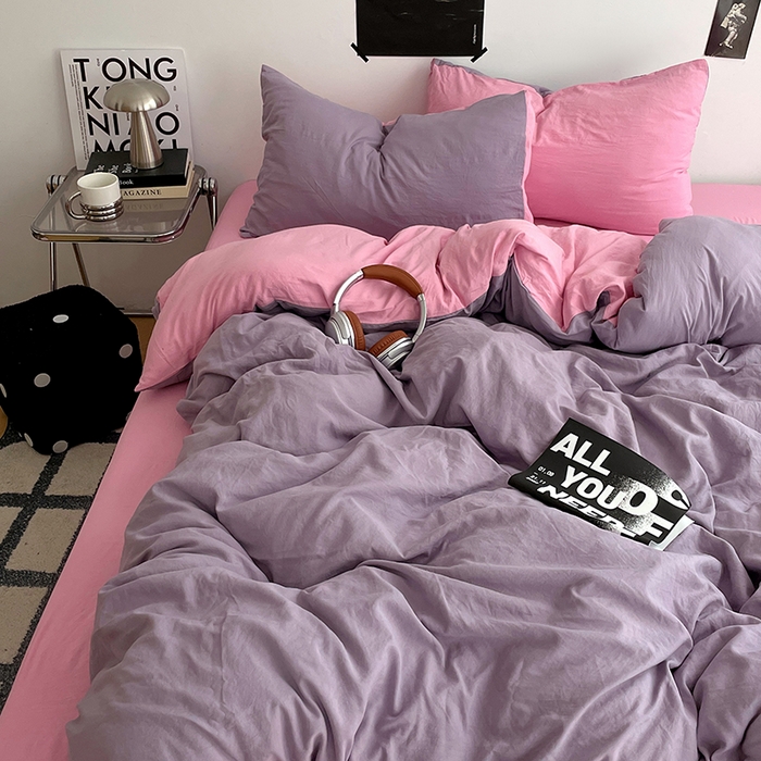 91家纺网 家纺一手货源 找家纺 卡斯诺家纺馆 2026新款水洗棉纯色双拼四件套（下载文件包含买家秀） 魅紫浅粉