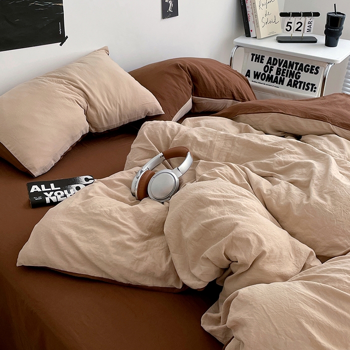 91家纺网 家纺一手货源 找家纺 卡斯诺家纺馆 2026新款水洗棉纯色双拼四件套（下载文件包含买家秀） 卡其深咖