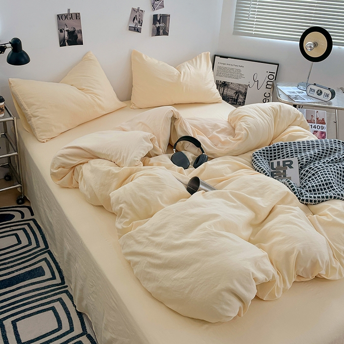 91家纺网 家纺一手货源 找家纺 卡斯诺家纺馆 2026新款水洗棉纯色双拼四件套（下载文件包含买家秀） 纯奶黄