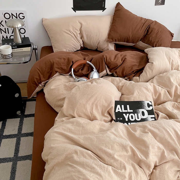 91家纺网 家纺一手货源 找家纺 卡斯诺家纺馆 2026新款水洗棉纯色双拼四件套（下载文件包含买家秀） 卡其深咖