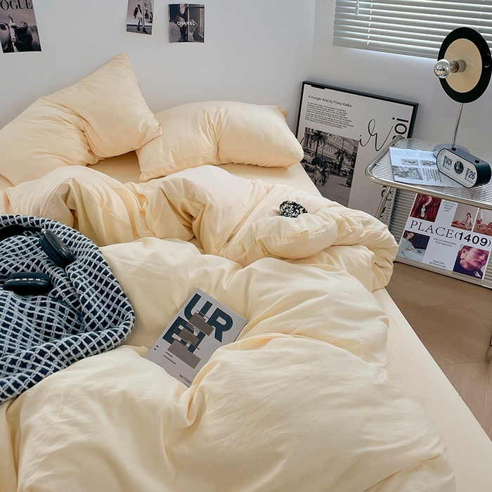 91家纺网 家纺一手货源 找家纺 卡斯诺家纺馆 2026新款水洗棉纯色双拼四件套（下载文件包含买家秀） 纯奶黄