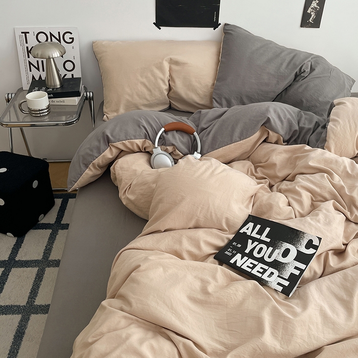 91家纺网 家纺一手货源 找家纺 卡斯诺家纺馆 2026新款水洗棉纯色双拼四件套（下载文件包含买家秀） 卡其银灰