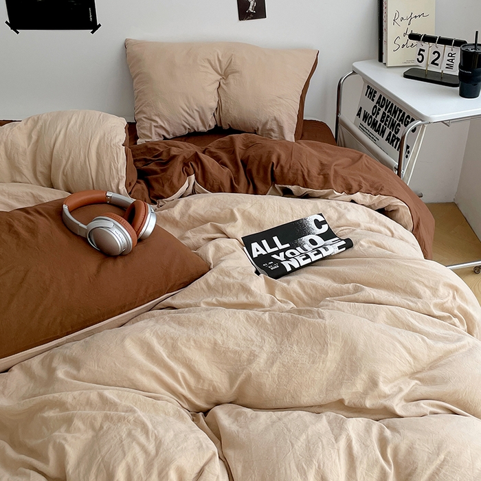 91家纺网 家纺一手货源 找家纺 卡斯诺家纺馆 2026新款水洗棉纯色双拼四件套（下载文件包含买家秀） 卡其深咖