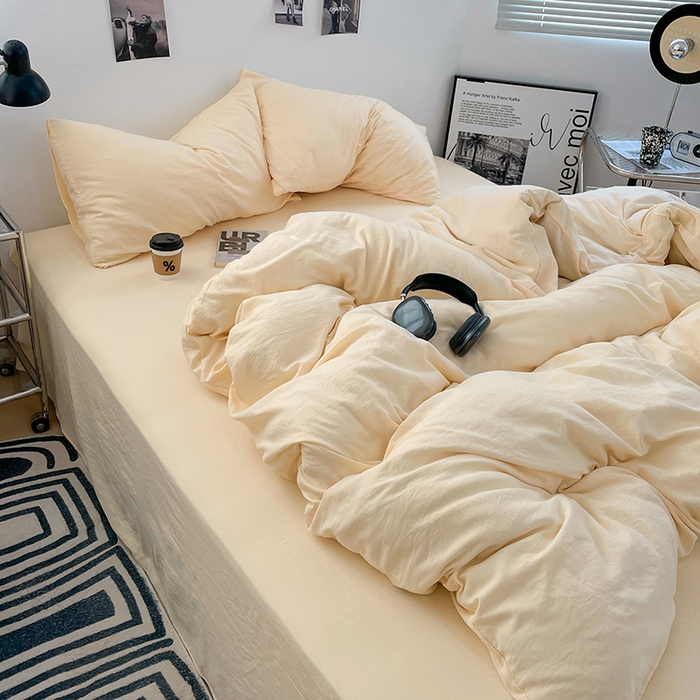 91家纺网 家纺一手货源 找家纺 卡斯诺家纺馆 2026新款水洗棉纯色双拼四件套（下载文件包含买家秀） 纯奶黄