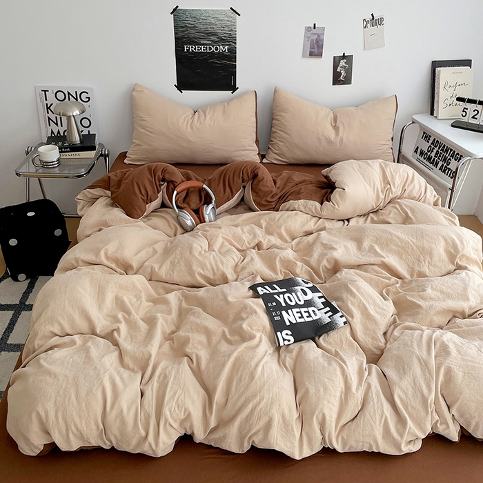 卡斯诺家纺馆 2026新款水洗棉纯色双拼四件套（下载文件包含买家秀） 卡其深咖