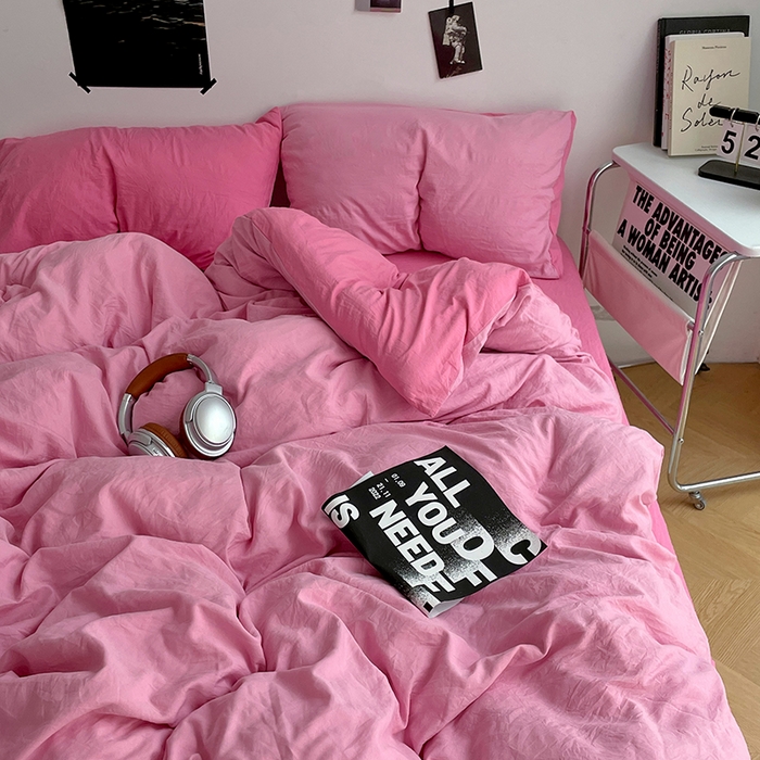 91家纺网 家纺一手货源 找家纺 卡斯诺家纺馆 2026新款水洗棉纯色双拼四件套（下载文件包含买家秀） 浅粉玫红