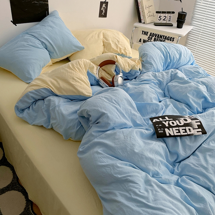 91家纺网 家纺一手货源 找家纺 卡斯诺家纺馆 2026新款水洗棉纯色双拼四件套（下载文件包含买家秀） 天蓝奶黄