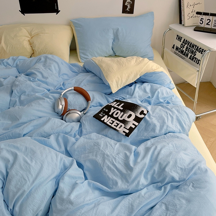 91家纺网 家纺一手货源 找家纺 卡斯诺家纺馆 2026新款水洗棉纯色双拼四件套（下载文件包含买家秀） 天蓝奶黄