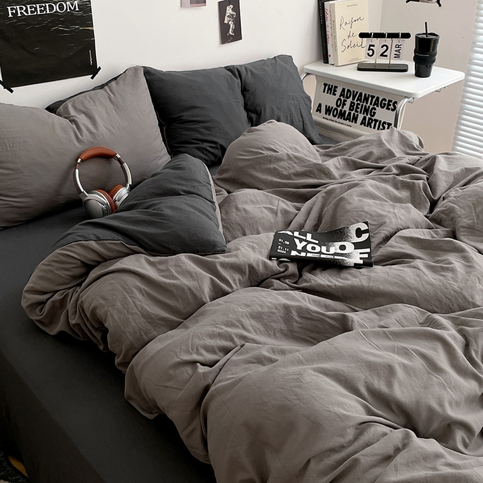 91家纺网 家纺一手货源 找家纺 卡斯诺家纺馆 2026新款水洗棉纯色双拼四件套（下载文件包含买家秀） 浅灰深灰