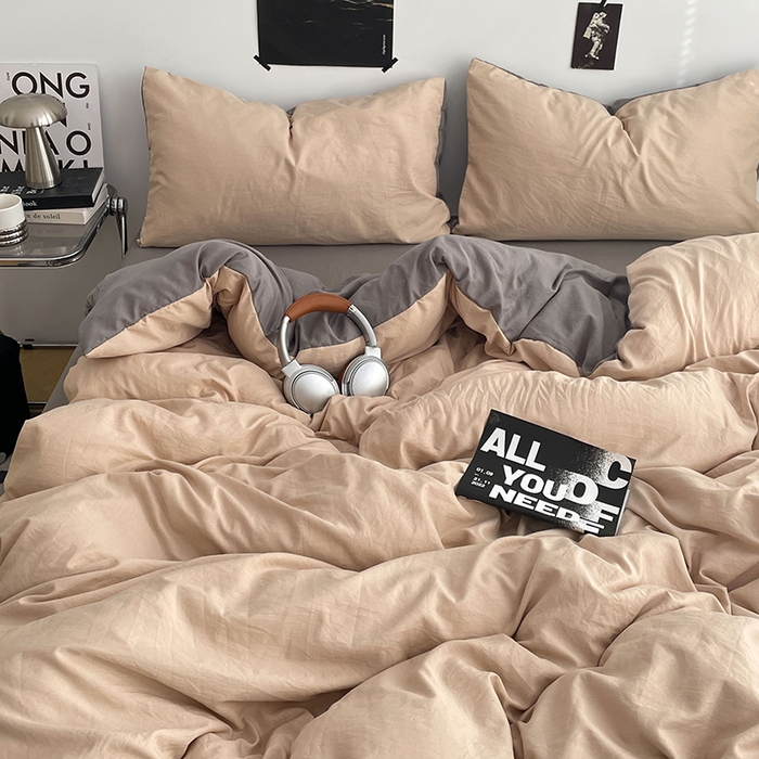 91家纺网 家纺一手货源 找家纺 卡斯诺家纺馆 2026新款水洗棉纯色双拼四件套（下载文件包含买家秀） 卡其银灰