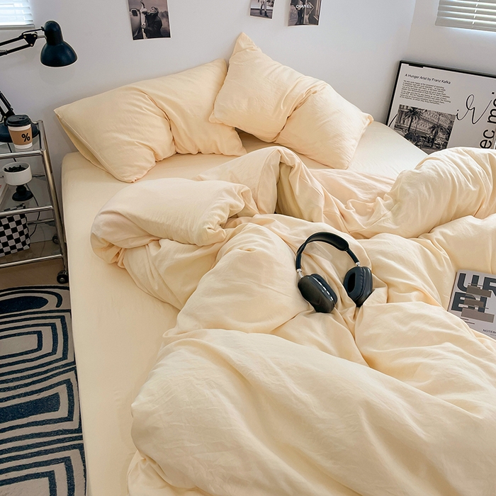 91家纺网 家纺一手货源 找家纺 卡斯诺家纺馆 2026新款水洗棉纯色双拼四件套（下载文件包含买家秀） 纯奶黄