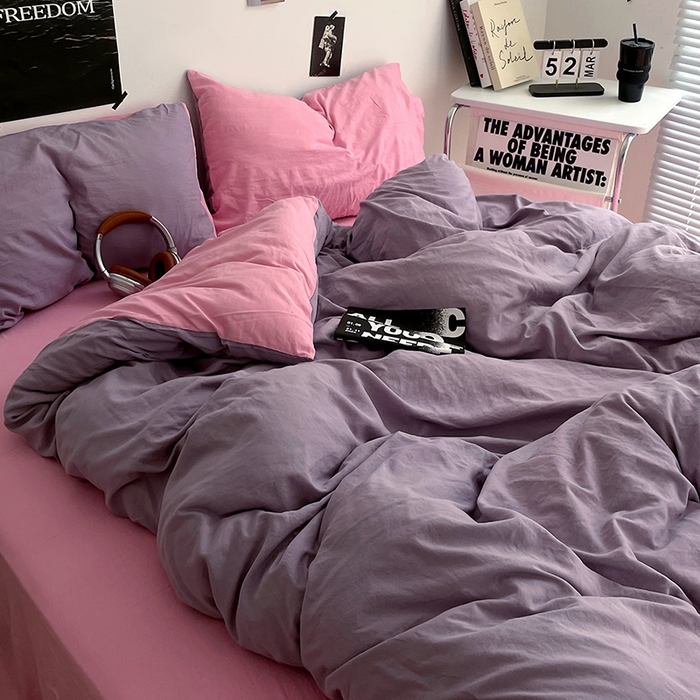 91家纺网 家纺一手货源 找家纺 卡斯诺家纺馆 2026新款水洗棉纯色双拼四件套（下载文件包含买家秀） 魅紫浅粉