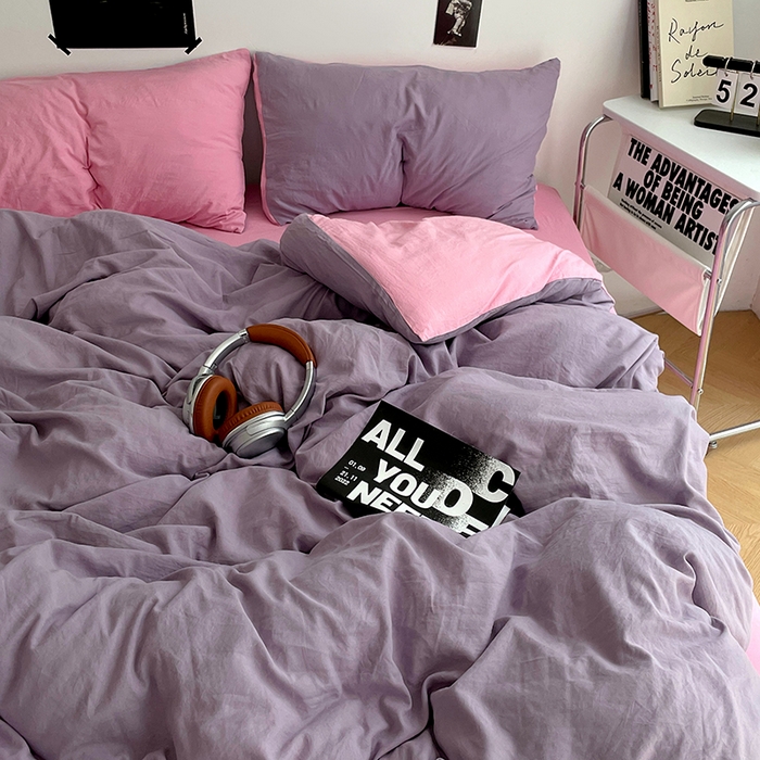 91家纺网 家纺一手货源 找家纺 卡斯诺家纺馆 2026新款水洗棉纯色双拼四件套（下载文件包含买家秀） 魅紫浅粉