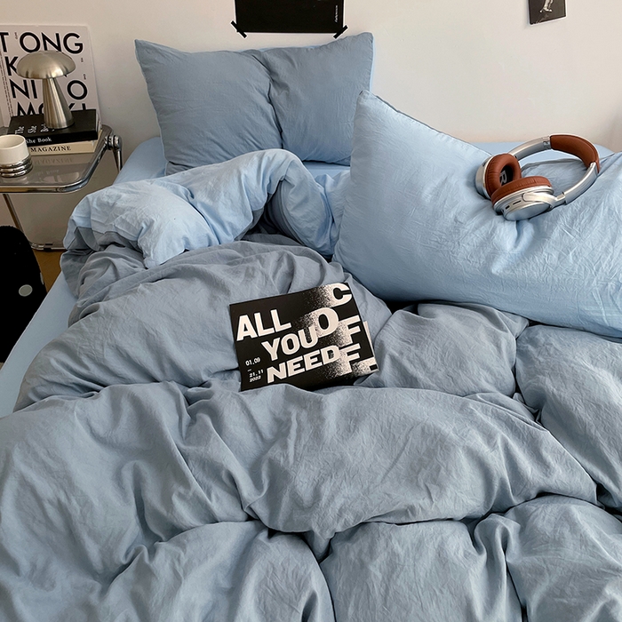 91家纺网 家纺一手货源 找家纺 卡斯诺家纺馆 2026新款水洗棉纯色双拼四件套（下载文件包含买家秀） 雾蓝天蓝