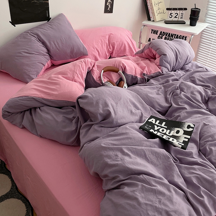 91家纺网 家纺一手货源 找家纺 卡斯诺家纺馆 2026新款水洗棉纯色双拼四件套（下载文件包含买家秀） 魅紫浅粉