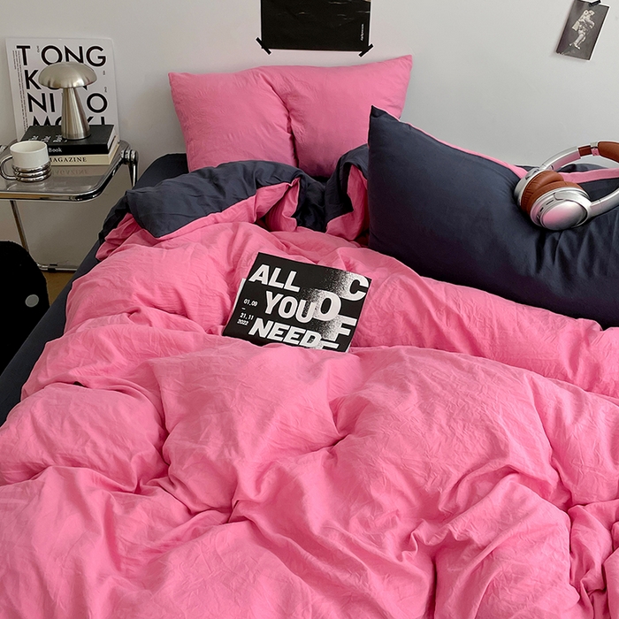 91家纺网 家纺一手货源 找家纺 卡斯诺家纺馆 2026新款水洗棉纯色双拼四件套（下载文件包含买家秀） 玫红藏青