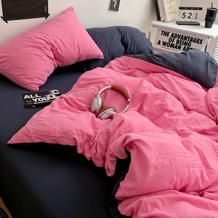 91家纺网 家纺一手货源 找家纺 卡斯诺家纺馆 2026新款水洗棉纯色双拼四件套（下载文件包含买家秀） 玫红藏青