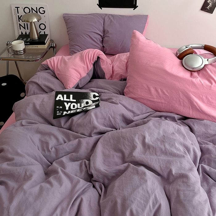 91家纺网 家纺一手货源 找家纺 卡斯诺家纺馆 2026新款水洗棉纯色双拼四件套（下载文件包含买家秀） 魅紫浅粉