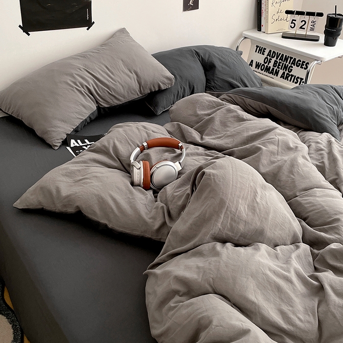 91家纺网 家纺一手货源 找家纺 卡斯诺家纺馆 2026新款水洗棉纯色双拼四件套（下载文件包含买家秀） 浅灰深灰