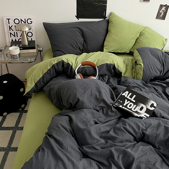 91家纺网 家纺一手货源 找家纺 卡斯诺家纺馆 2026新款水洗棉纯色双拼四件套（下载文件包含买家秀） 深灰茶绿