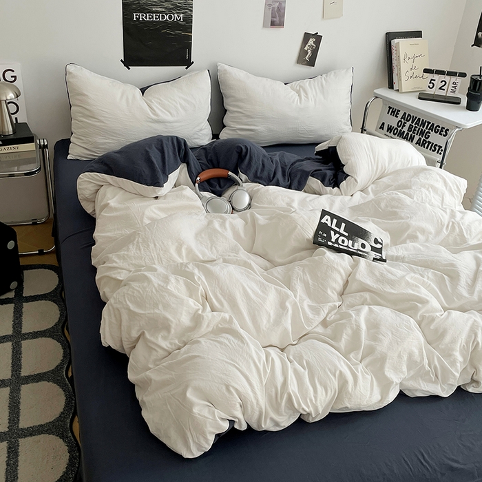 91家纺网 家纺一手货源 找家纺 卡斯诺家纺馆 2026新款水洗棉纯色双拼四件套（下载文件包含买家秀） 米白藏青