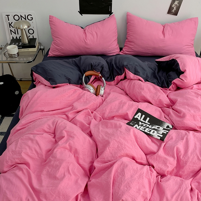 91家纺网 家纺一手货源 找家纺 卡斯诺家纺馆 2026新款水洗棉纯色双拼四件套（下载文件包含买家秀） 玫红藏青