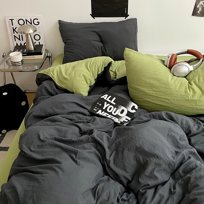 91家纺网 家纺一手货源 找家纺 卡斯诺家纺馆 2026新款水洗棉纯色双拼四件套（下载文件包含买家秀） 深灰茶绿