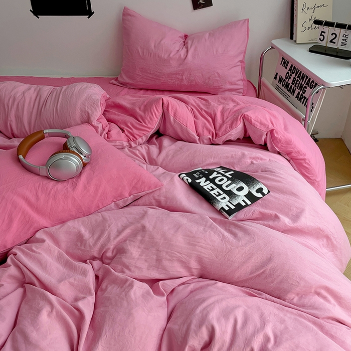 91家纺网 家纺一手货源 找家纺 卡斯诺家纺馆 2026新款水洗棉纯色双拼四件套（下载文件包含买家秀） 浅粉玫红