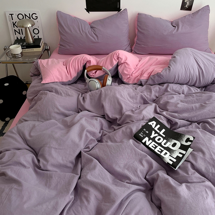 91家纺网 家纺一手货源 找家纺 卡斯诺家纺馆 2026新款水洗棉纯色双拼四件套（下载文件包含买家秀） 魅紫浅粉