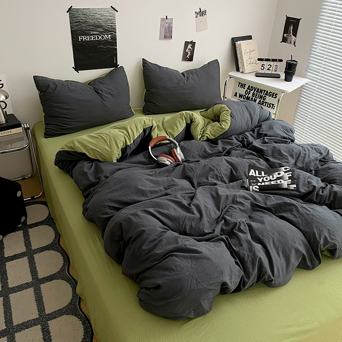 91家纺网 家纺一手货源 找家纺 卡斯诺家纺馆 2026新款水洗棉纯色双拼四件套（下载文件包含买家秀） 深灰茶绿