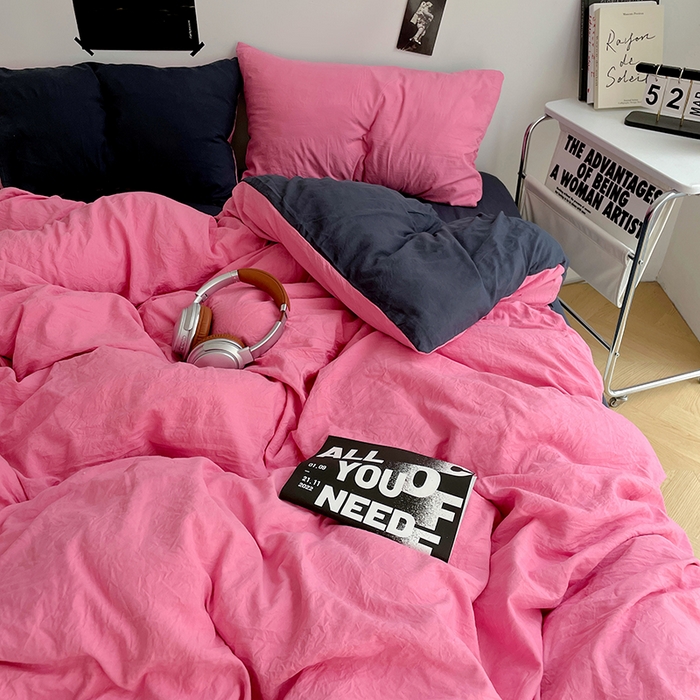 91家纺网 家纺一手货源 找家纺 卡斯诺家纺馆 2026新款水洗棉纯色双拼四件套（下载文件包含买家秀） 玫红藏青