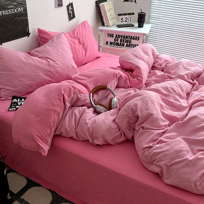 91家纺网 家纺一手货源 找家纺 卡斯诺家纺馆 2026新款水洗棉纯色双拼四件套（下载文件包含买家秀） 浅粉玫红