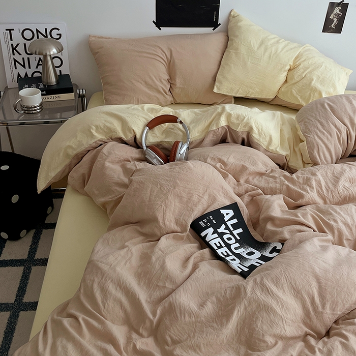 91家纺网 家纺一手货源 找家纺 卡斯诺家纺馆 2026新款水洗棉纯色双拼四件套（下载文件包含买家秀） 卡其奶黄