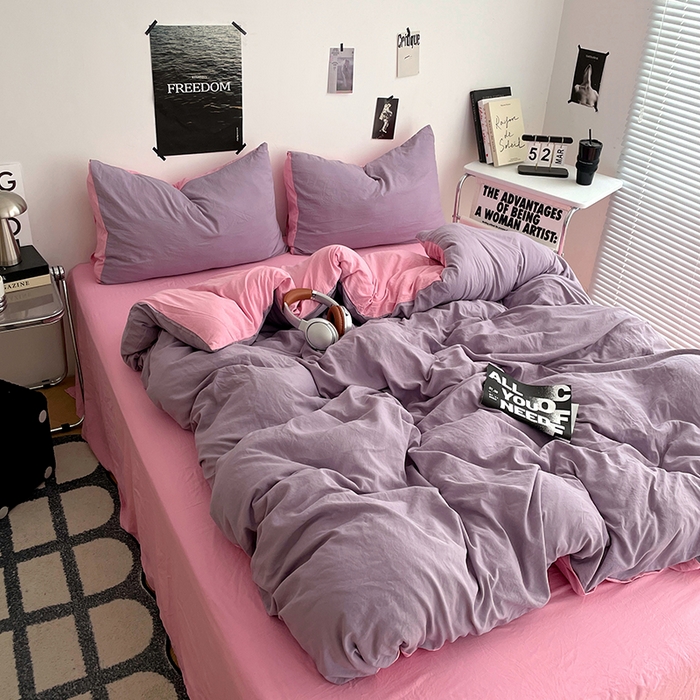 91家纺网 家纺一手货源 找家纺 卡斯诺家纺馆 2026新款水洗棉纯色双拼四件套（下载文件包含买家秀） 魅紫浅粉