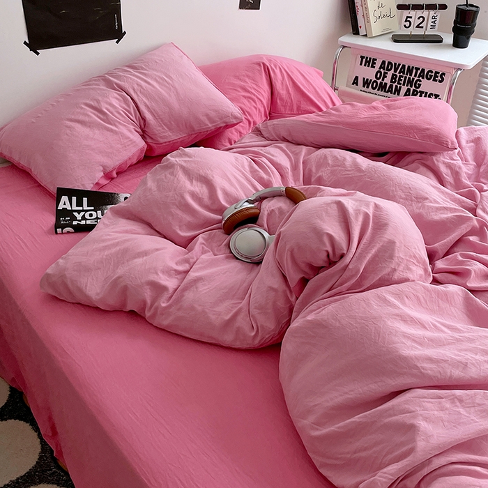 91家纺网 家纺一手货源 找家纺 卡斯诺家纺馆 2026新款水洗棉纯色双拼四件套（下载文件包含买家秀） 浅粉玫红