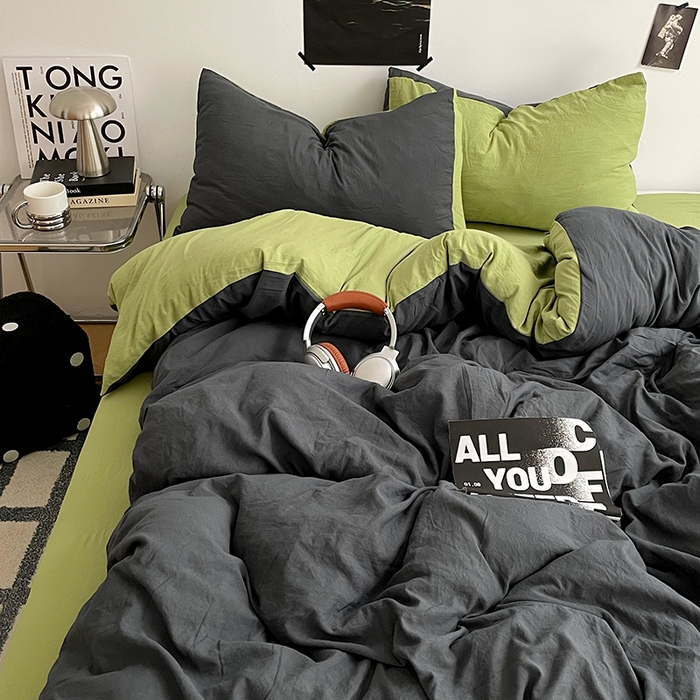 91家纺网 家纺一手货源 找家纺 卡斯诺家纺馆 2026新款水洗棉纯色双拼四件套（下载文件包含买家秀） 深灰茶绿